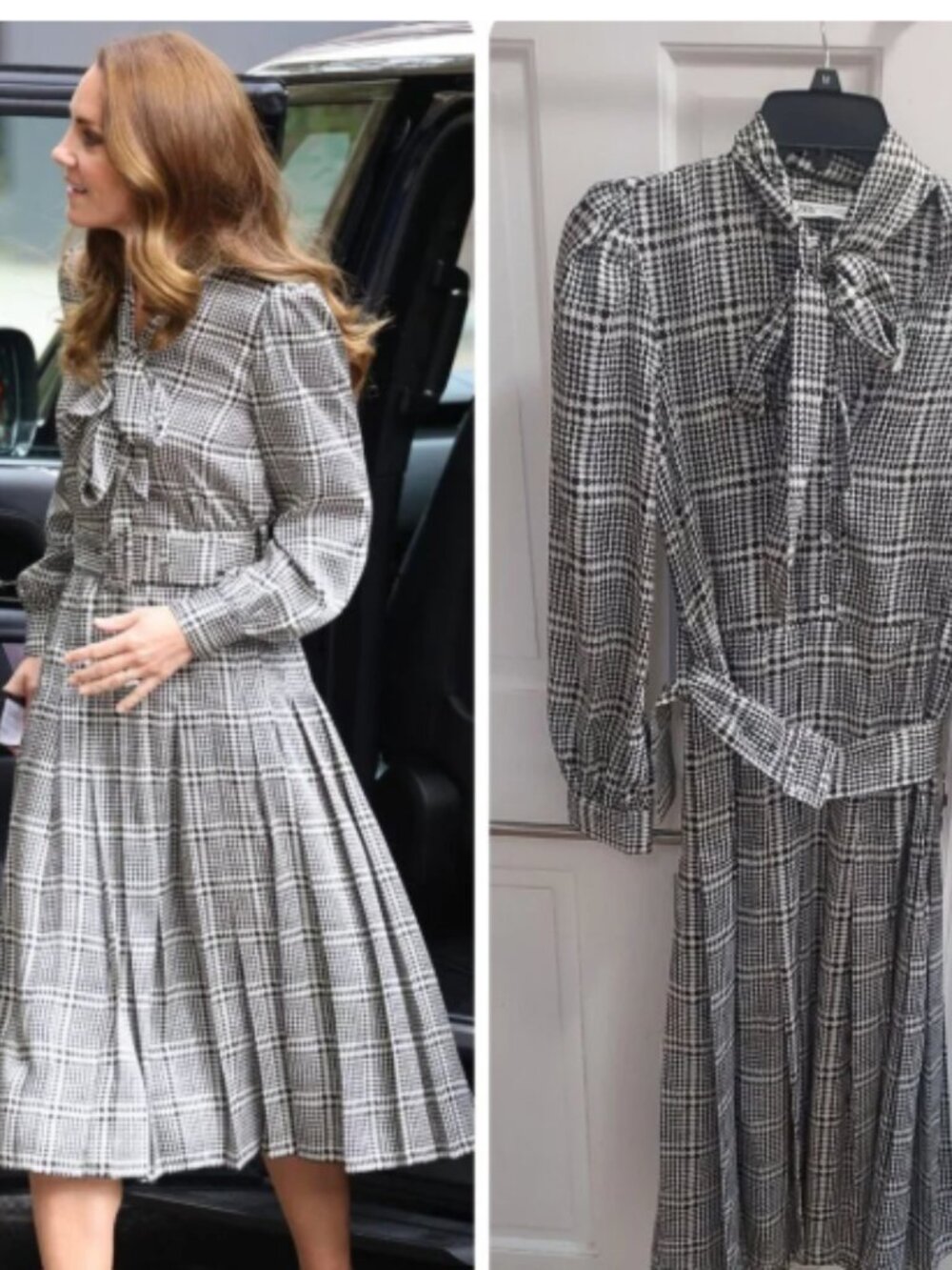 Zara Black White Houndstooth Midi Modest Long Sleeve Princess Kate Dress